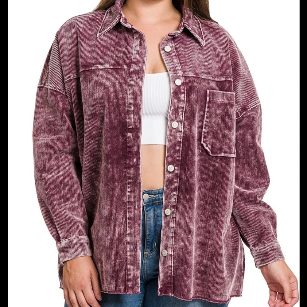 Zenana Outfitters Button Down Shacket Corduroy in Purple Vintage Wash